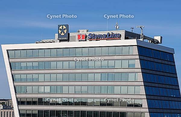 Kiel, Germany - 12. August 2026: Modern office building featuring Stena Line and Port of Kiel logos against a blue sky [IBR125424540]