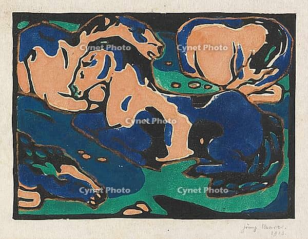 Resting Horses, 1911, artwork by Franz Moritz Wilhelm Marc (born 8 February 1880 in Munich, died 4 March 1916 in Braquis near Verdun, France), German painter, draughtsman and graphic artist. He is regarded as one of the most important painters of Expressi [IBR125424541]