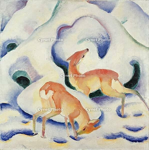 Deer in the Snow, 1911, artwork by Franz Moritz Wilhelm Marc (born 8 February 1880 in Munich, died 4 March 1916 in Braquis near Verdun, France), German painter, draughtsman and graphic artist. He is regarded as one of the most significant painters of Expr [IBR125424543]