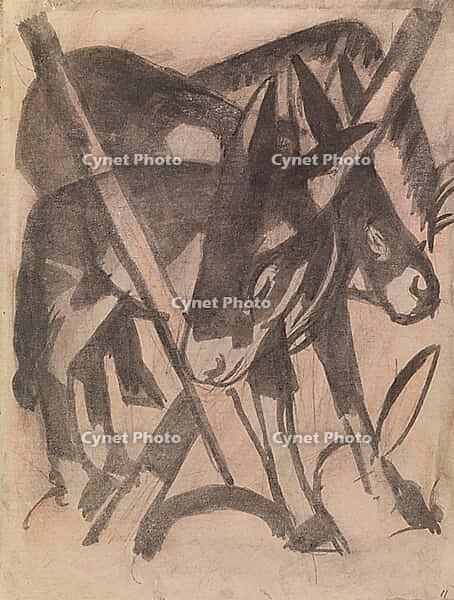 Two Donkeys, 1914, artwork by Franz Moritz Wilhelm Marc (born 8 February 1880 in Munich, died 4 March 1916 in Braquis near Verdun, France), a German painter, draughtsman and printmaker. He is regarded as one of the most significant painters of Expressioni [IBR125424545]