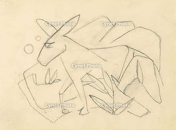 Donkey in a stylised landscape, 1912, artwork by Franz Moritz Wilhelm Marc (born 8 February 1880 in Munich, died 4 March 1916 in Braquis near Verdun, France), German painter, draughtsman and graphic artist. He is regarded as one of the most important pain [IBR125424547]
