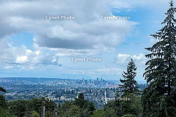 A vast urban landscape stretches towards the horizon under a dramatic sky filled with clouds, framed by lush green conifers, Centennial Way, Burnaby, BC, Canada [IBR125424548]