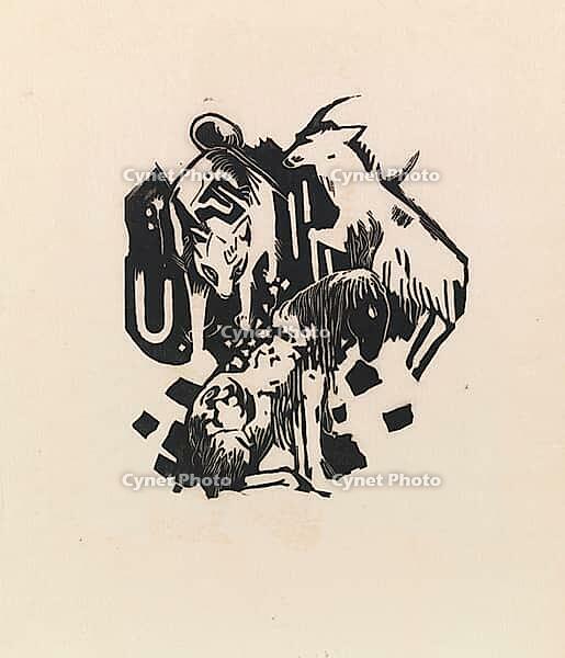 Three Animals, 1912, artwork by Franz Moritz Wilhelm Marc (born 8 February 1880 in Munich, died 4 March 1916 in Braquis near Verdun, France), German painter, draughtsman and graphic artist. He is regarded as one of the most important painters of Expressio [IBR125424557]