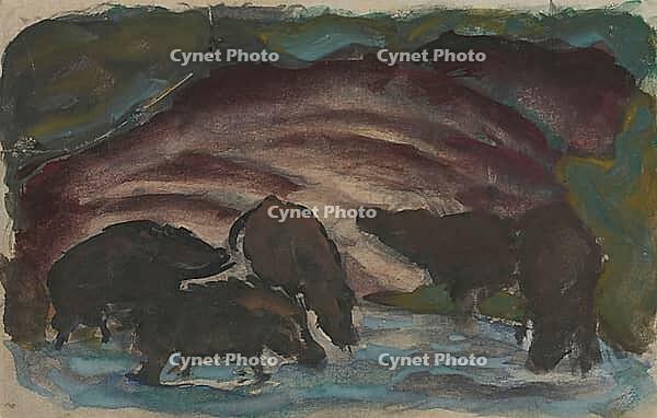 Wild Boars in the Water, 1910–1911, artwork by Franz Moritz Wilhelm Marc (born 8 February 1880 in Munich, died 4 March 1916 in Braquis near Verdun, France), German painter, draughtsman and graphic artist. He is regarded as one of the most important painte [IBR125424560]