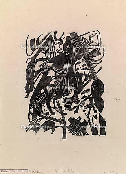 *Birth of the Wolves*, 1913, artwork by Franz Moritz Wilhelm Marc (born 8 February 1880 in Munich, died 4 March 1916 in Braquis near Verdun, France), a German painter, draughtsman and printmaker. He is regarded as one of the most significant painters of E [IBR125424562]