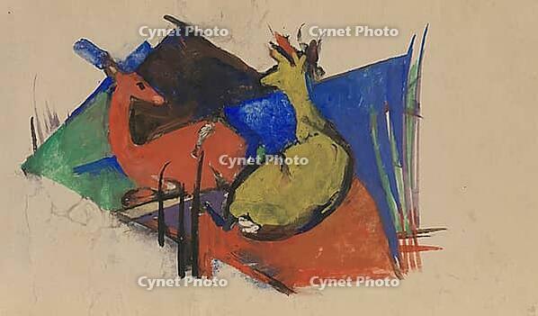 Two Deer Lying Down, 1912, artwork by Franz Moritz Wilhelm Marc (born 8 February 1880 in Munich, died 4 March 1916 in Braquis near Verdun, France), a German painter, draughtsman and printmaker. He is regarded as one of the most significant painters of Exp [IBR125424569]