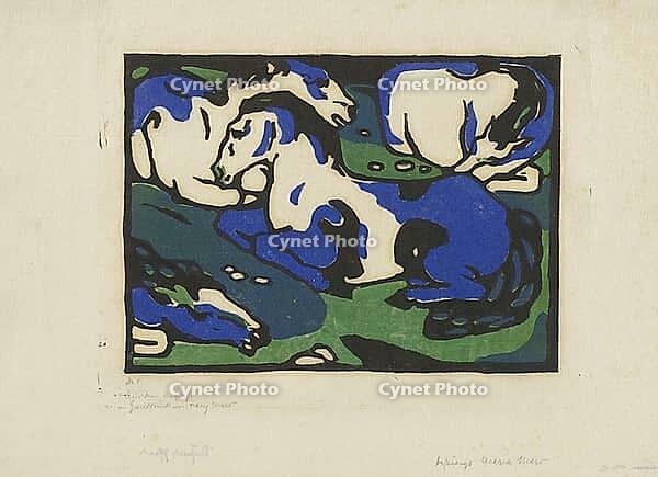 Horses Resting, 1911–1912, artwork by Franz Moritz Wilhelm Marc (born 8 February 1880 in Munich, died 4 March 1916 in Braquis near Verdun, France), a German painter, draughtsman and printmaker. He is regarded as one of the most significant painters of Exp [IBR125424571]