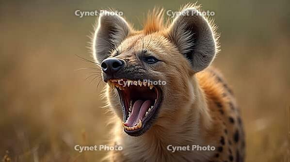 A ferocious spotted laughing hyena on the plains of Africa. A wild animal. Carnivorous predator, AI generated [IBR125424573]
