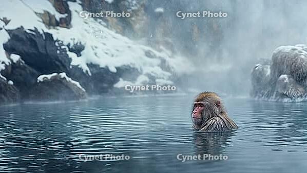 A Japanese Snow Monkey relaxing in a hot spring surrounded by mist and snow-covered mountains, AI generated [IBR125424574]