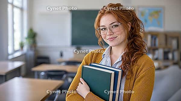 A smiling redheaded student with freckles and clear glasses holds books in a sunlit classroom, wearing a mustard cardigan over a striped shirt, AI generated [IBR125424575]