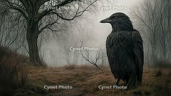 An ominous crow or raven in an eerie setting, AI generated [IBR125424576]