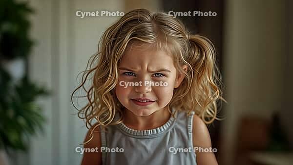 A young blond girl with a quizical expression. The child has messy blond hair, a single pony tail, and is earing a white sleeveless t-shirt. Confused look. Standing in her living room. Angry child, AI generated [IBR125424577]
