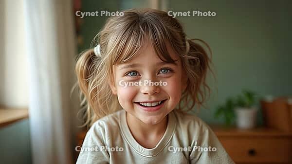 A pretty little girl in her living room smiling at the camera. Blond hair in pony tails. Wearing a white t-shirt. Illuminated by natural window light. Big smile, AI generated [IBR125424578]