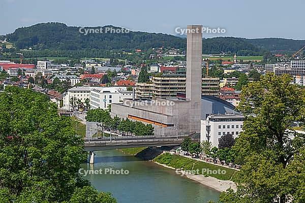 Tower of the Salzburg-Mitte power plant of Salzburg AG and river Salzach, City of Salzburg, Salzburg, Salzburger Land, Austria [IBR125436253]