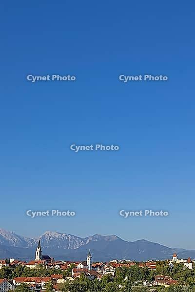 Panoramic view of the old town with the Alps in the background, Kranj, Upper Carniola, Slovenia [IBR125436273]