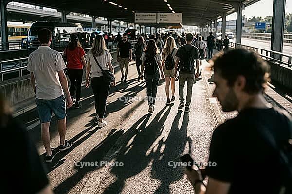 Crowds of commuters navigate covered transit hub walkways, cast long afternoon shadows across asphalt, moving toward glaring daylight, anonymous pedestrians walking together yet socially isolated, collective migration in modern transportation infrastructu [IBR125446421]
