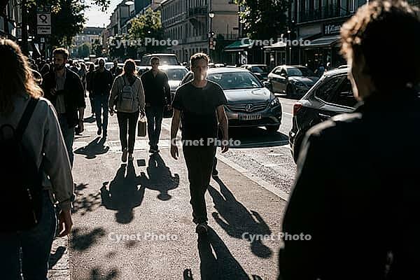 Urban alienation and commuter solitude characterize modern city life as busy sidewalks merge with congested vehicle traffic during late afternoon, a contemplative male pedestrian strides forward along the sunlit asphalt while stark elongated silhouettes p [IBR125446442]