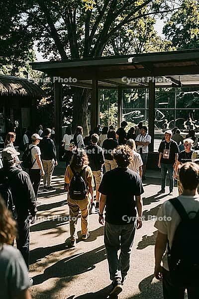 Crowd of curious spectators gathered at a glass enclosure, summer shadows cast dynamic lines across the open zoo courtyard, collective leisure culture and public congregation converge within a sheltered observation structure, sun dappled pathways define m [IBR125446455]