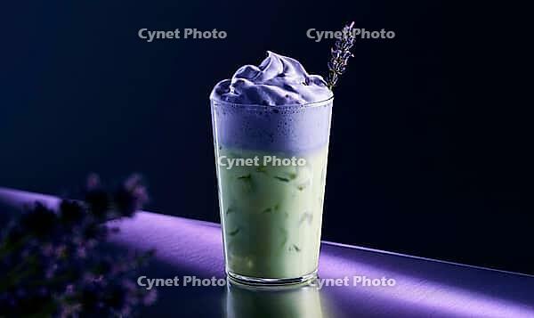 Purple-hued iced drink with whipped cream and lavender garnish. Glass sits on purple-lit surface, AI generated [IBR125446459]