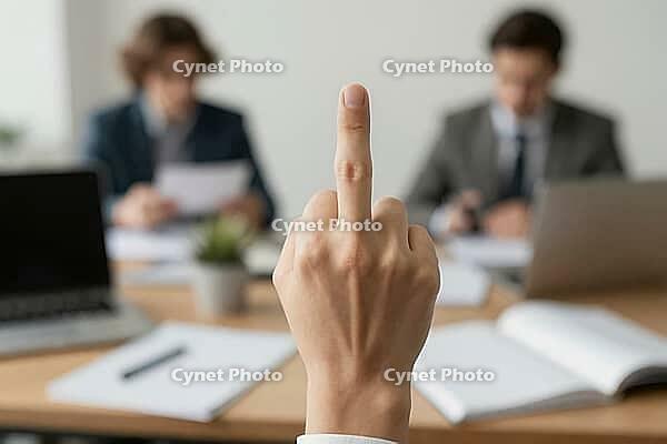Corporate frustration and quiet quitting in modern office environment, an employee displays an offensive gesture during an executive meeting, open rebellion against administrative authority and toxic hierarchy, sharp foreground focus on defiant hand gestu [IBR125446461]
