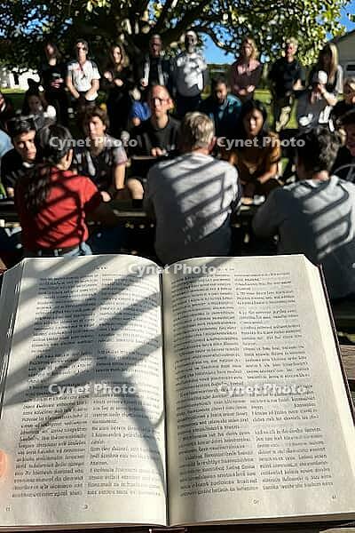 Scriptural outdoor study session uniting a diverse assembly under leafy foliage, open liturgical pages illuminated by cast beam shadows symbolize ancestral heritage intertwined with contemporary community contemplation, attentive listeners arranged in con [IBR125446469]