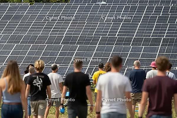 Civic participation in renewable energy transition, people walk toward massive photovoltaic solar panels across open grassland during bright daylight, collective human momentum aligns with industrial clean power infrastructure to symbolize ecological awar [IBR125446474]