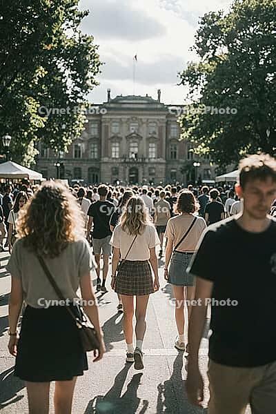 Vibrant crowd of young college students walking towards an imposing historic university palace building, sunny daylight casting natural rim lighting, collective forward movement representing generational aspirations and higher education pathways, diverse  [IBR125446487]