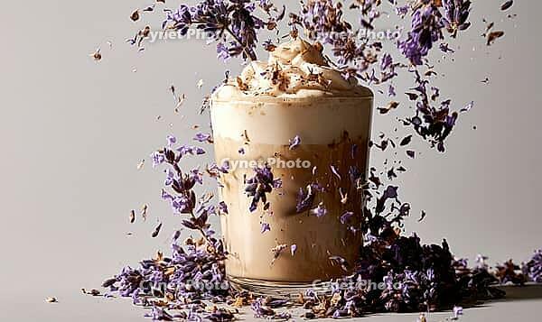 Fresh latte topped with lavender flowers and scattered petals, AI generated [IBR125446500]