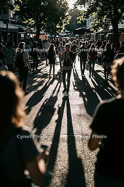 Backlit pedestrian walking alone in crowded promenade, long shadows stretch forward on asphalt pavement, solitary figure gestures while navigating dense urban masses under golden evening light, atmospheric counterlight produces dramatic silhouette contras [IBR125446506]