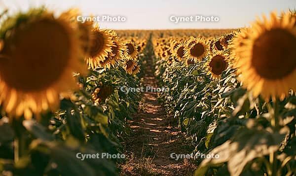Sunflower field under golden sunset. Rows of tall sunflowers stretch into distance. Warm light highlights vibrant yellow petals, AI generated [IBR125446507]