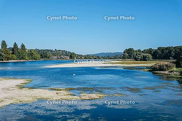View across the extremely low-water Rhine to the H$00F6ri Peninsula, Eschenz, Canton of Thurgau, Switzerland [IBR125448816]