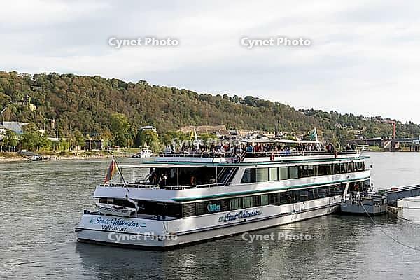 Sightseeing boat town of Vallendar at the pier on the Rhine, Koblenz, Germany [IBR125448830]