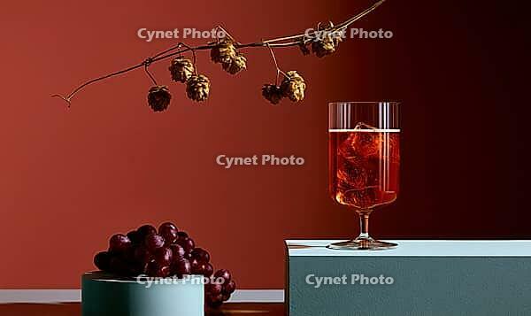 Glass of iced red drink sits on a white surface. Behind it, a branch with dried hops hangs. Cluster of dark red grapes rests nearby, AI generated [IBR125448877]
