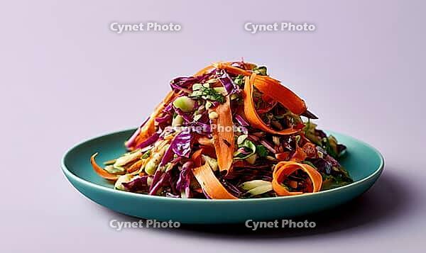 Colorful vegetable salad on teal plate. Thinly sliced orange carrots. Purple cabbage and green peas mix. Fresh, crisp vegetables piled high, AI generated [IBR125448879]