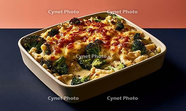 Casserole dish with broccoli and melted cheese. Topped with red sauce and garnished. Served in white ceramic baking dish, AI generated [IBR125448882]