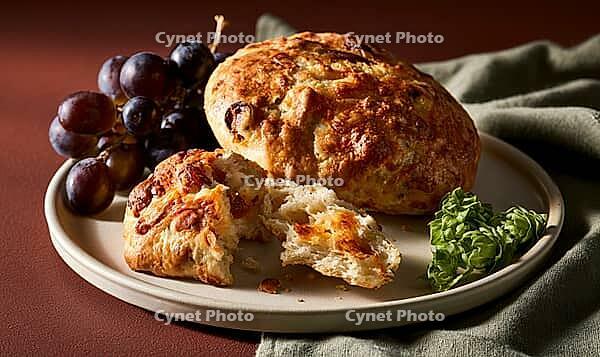 Freshly baked artisan bread with golden crust. One piece broken open, revealing soft interior. Dark grapes and green leaf garnish nearby, AI generated [IBR125448891]