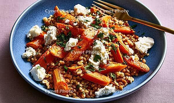 Blue plate holds roasted carrot sticks, bulgur, and crumbled feta. Fresh herbs garnish the dish. Gold fork rests beside food, AI generated [IBR125448892]
