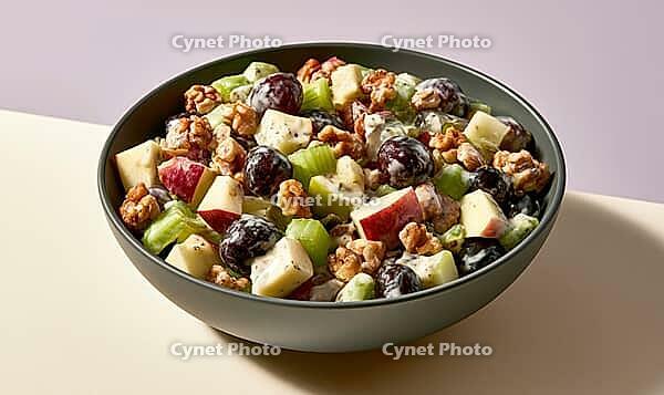 Fresh fruit salad in dark bowl. Mixed apple, grape, celery, and walnut pieces. Vibrant colors contrast with soft background, AI generated [IBR125448898]