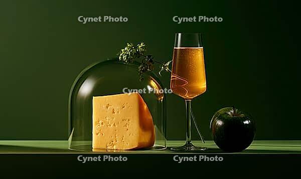Garnished cheese under glass dome. Sparkling beverage beside it. Dark apple rests nearby. Green background highlights composition, AI generated [IBR125448899]