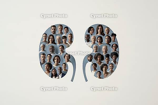 Two kidney shaped silhouettes made of diverse human face portraits representing organ donation and transplant community concept. AI generated [IBR125448908]