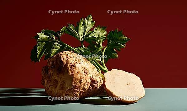 Fresh celery root with green top and cut slice. Dark red background. Smooth green surface. Natural light highlights texture, AI generated [IBR125448910]