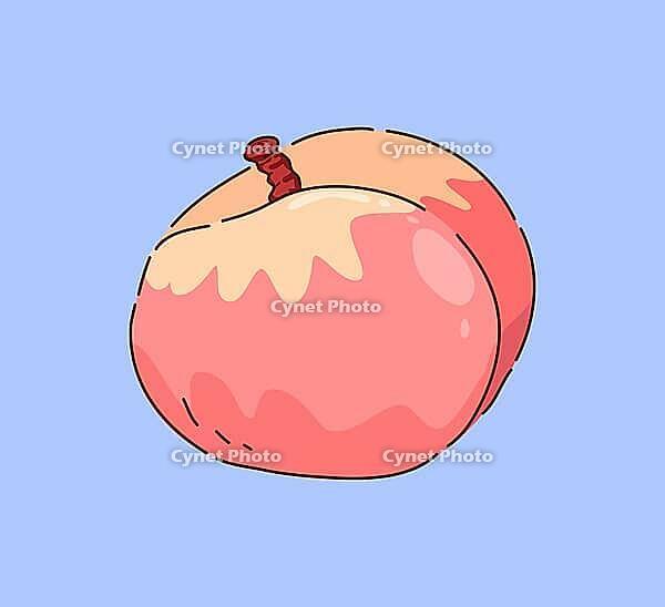 A charming and cute cartoon peach character with a vibrant design set against a soft blue background [IBR125462051]