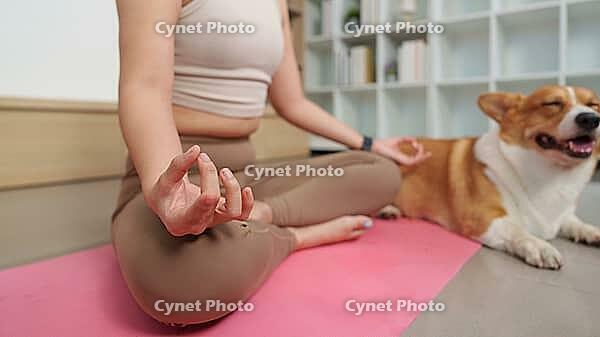 Close-up of woman sitting in meditation posture with mudra hand gesture on pink exercise mat while her dog rests next to her [IBR125462052]