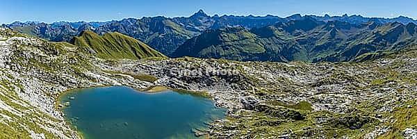 Mountain panorama over Laufbichlsee, behind it the Hochvogel, 2592m, Allgäu Alps, Allgäu, Bavaria, Germany [IBR125462059]