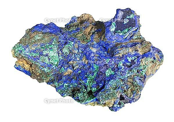 Mineral specimens from geological collection - natural azurmalachite rocks isolated on white background of Kamenushinskoye deposit, Kemerovo region [IBR125462065]