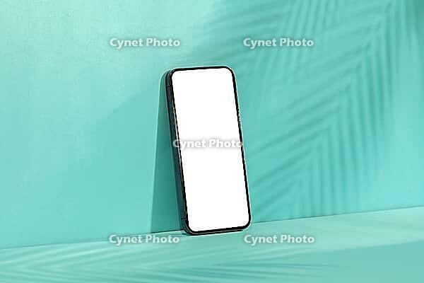 A modern smartphone with a blank white screen stands vertically against a mint green wall, featuring a tropical palm leaf shadow overlay [IBR125462066]