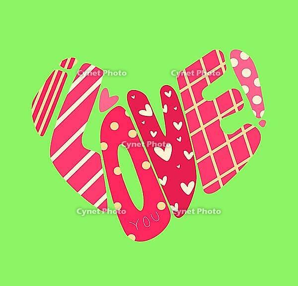 Striped Love Letters Forming Heart Shape On Bright Green Field, Playful Pop Art Typography With Bold Patterns [IBR125462084]