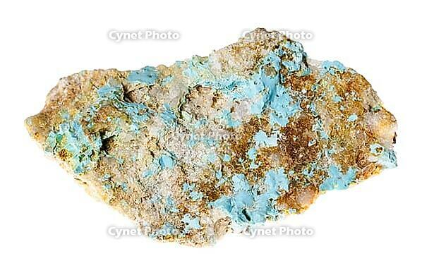 Mineral specimens from geological collection - Armenian natural turquoise on rock isolated on white background of Alaverdi, Armenia [IBR125462111]