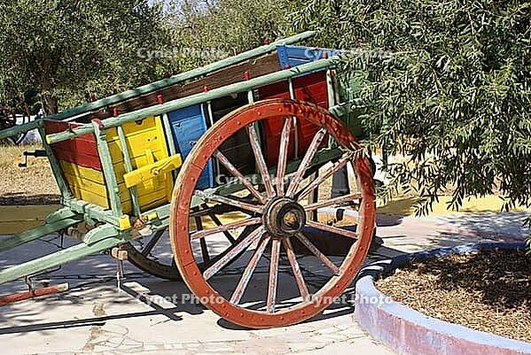 Old wooden traditional cart with colorful panels and a large red wheel in a garden [IBR125462118]