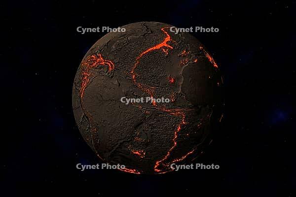 Earth without water and plants, North and South America. Along the tectonic plates cracks with rising magma [IBR125462125]